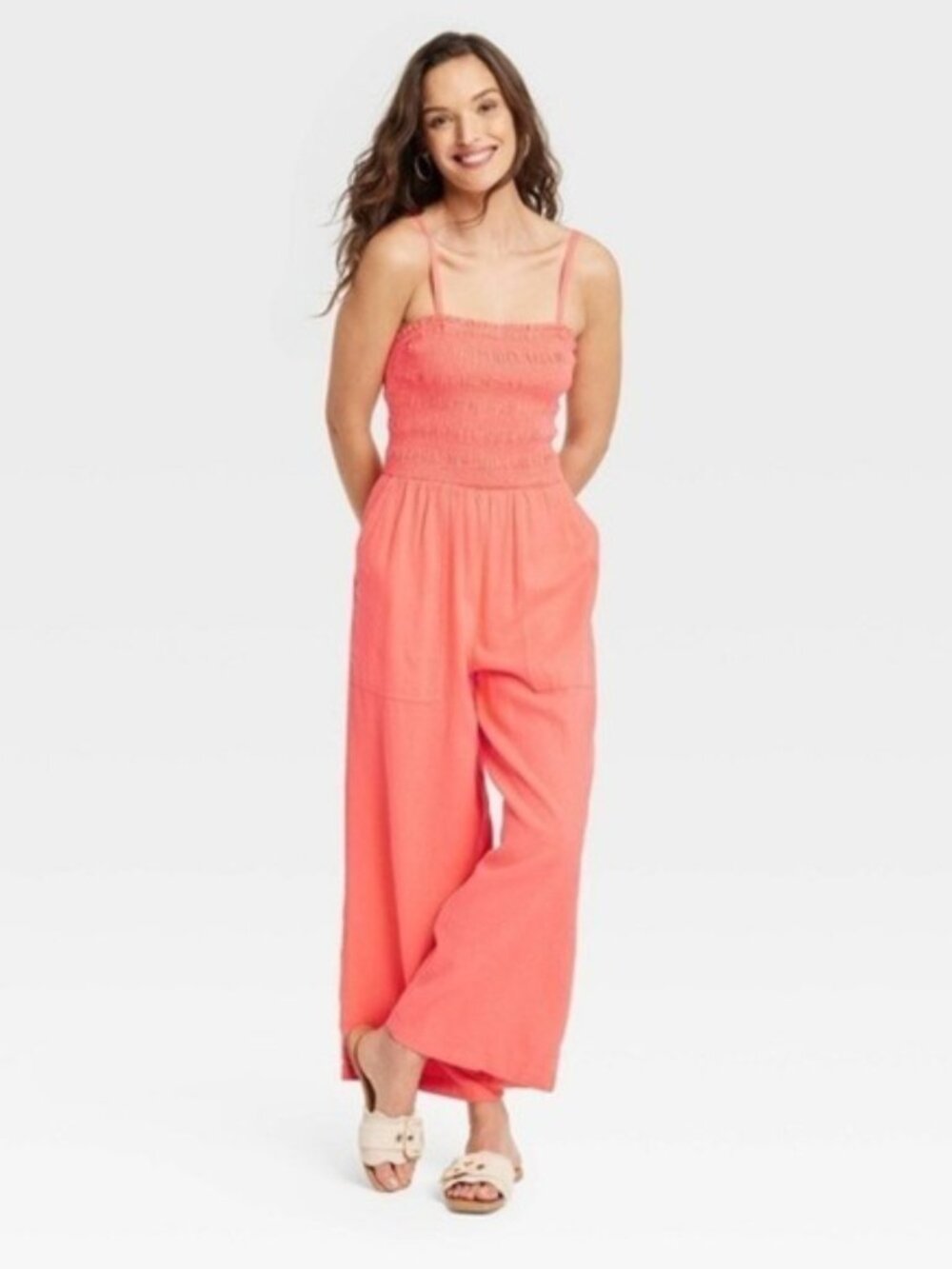 Universal Thread Smocked Linen Blend Jumpsuit Women S Coral Wide Leg